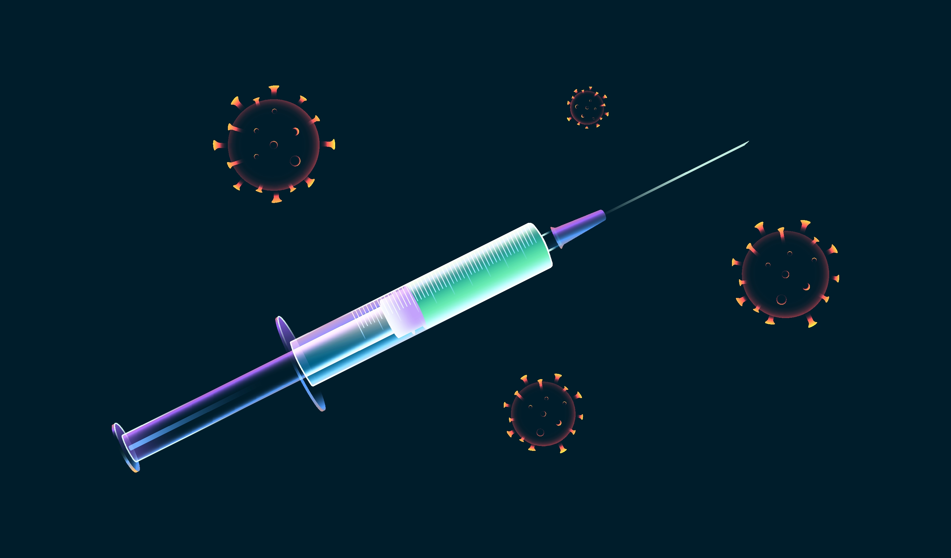 Vector illustration of a glowing syringe filled with green liquid, targeting stylized coronavirus particles on a dark background.