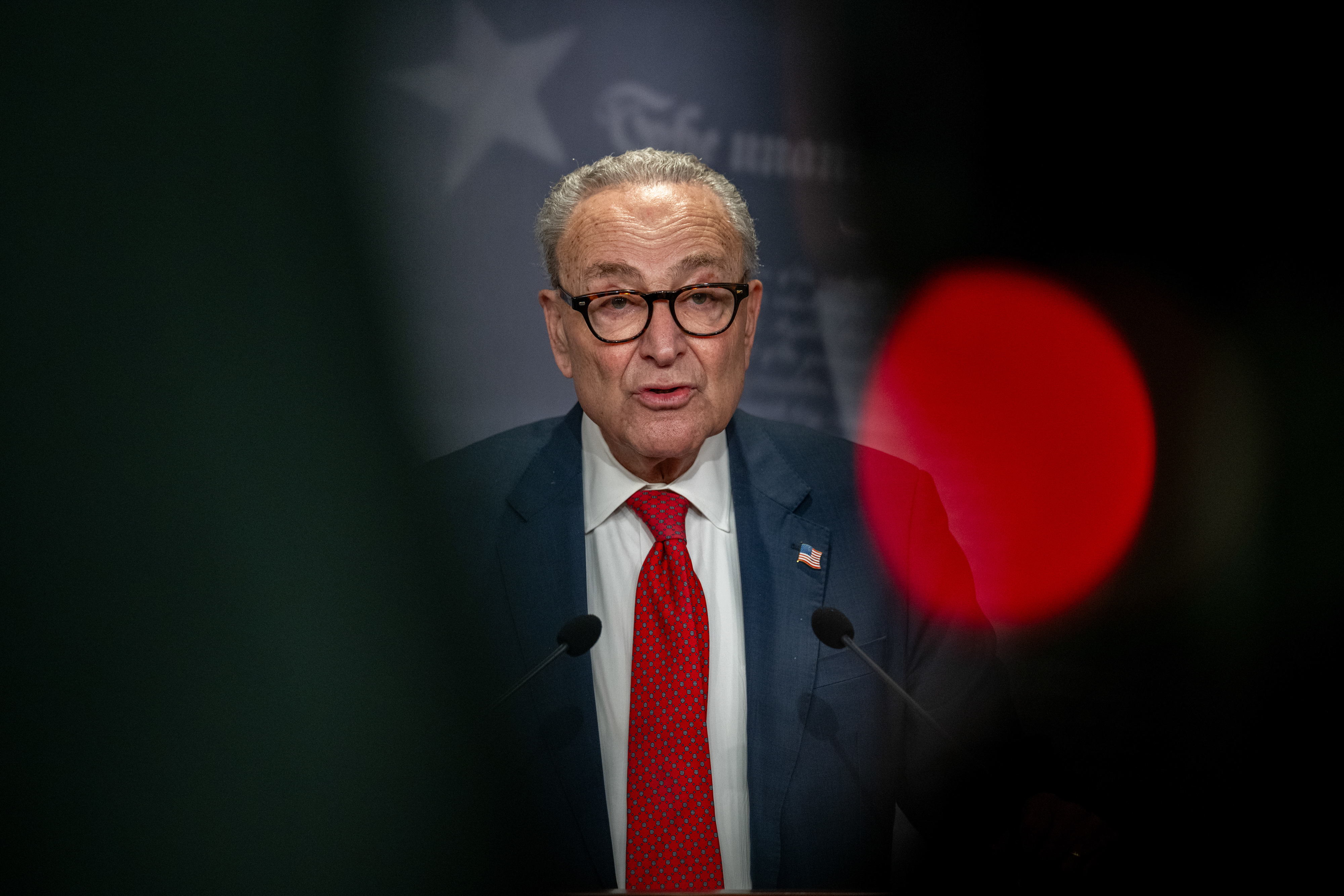 Senate Minority Leader Chuck Schumer speaks to reporters.