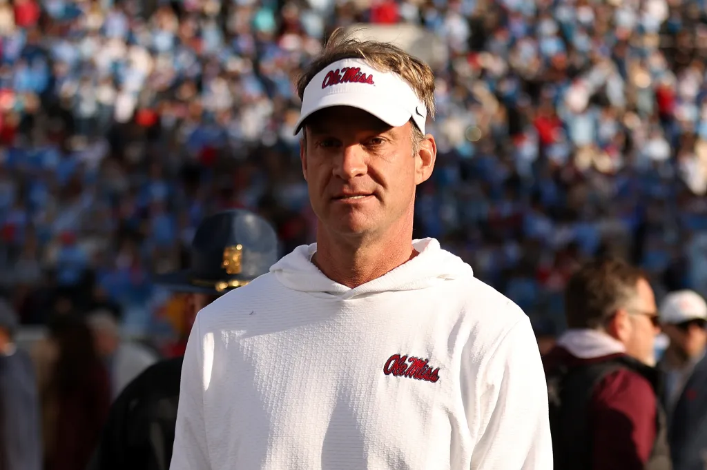 Head coach Lane Kiffin of the Mississippi Rebels looks on after the game against the Mississippi State Bulldogs at Davis Wade Stadium on November 28, 2025 in Starkville, Mississippi. 