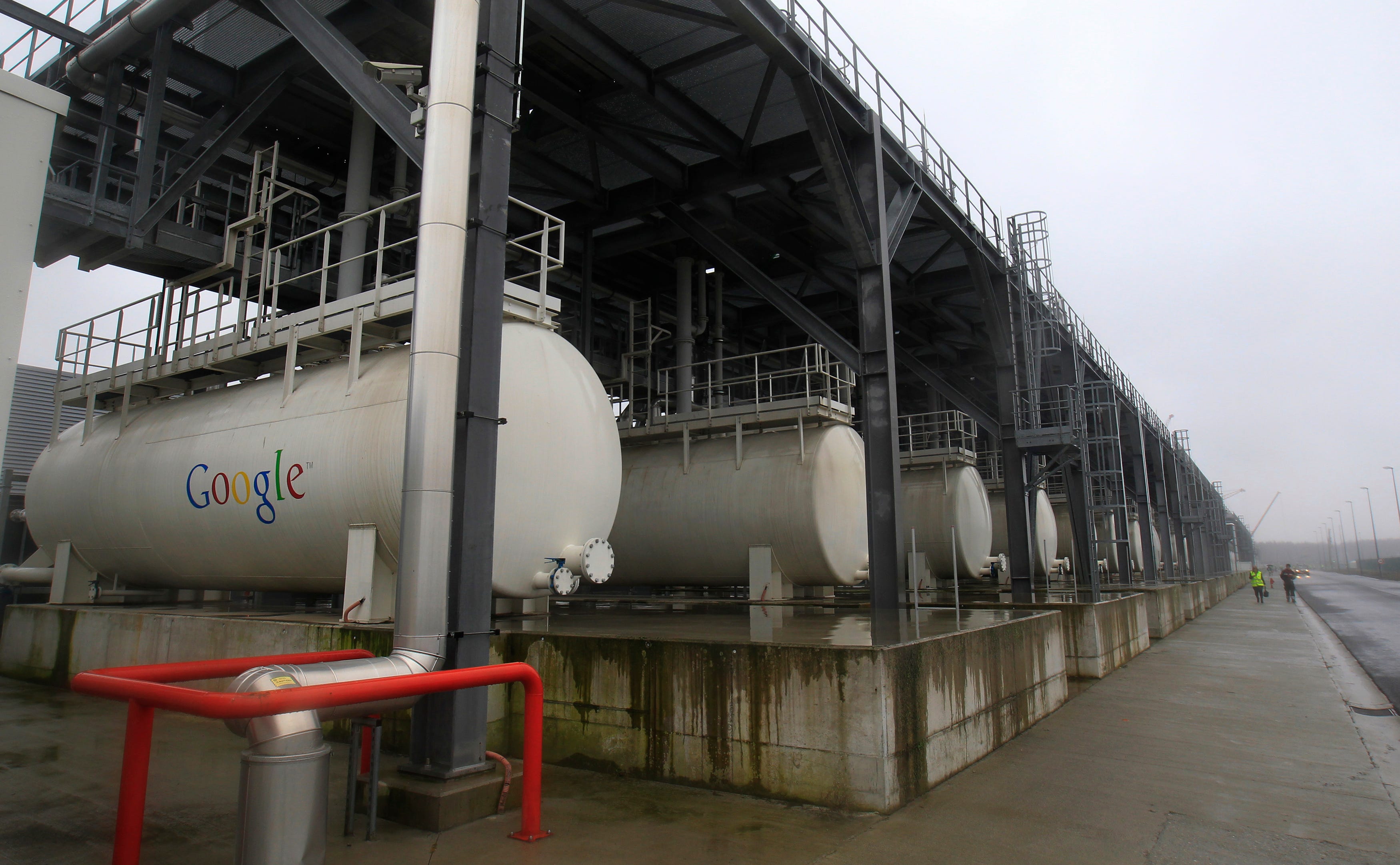 Tanks containing coolant for servers are seen at a Google Data center in Saint Ghislain