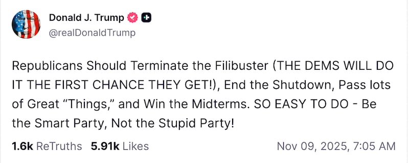 Trump's Nov 9 Truth Social post