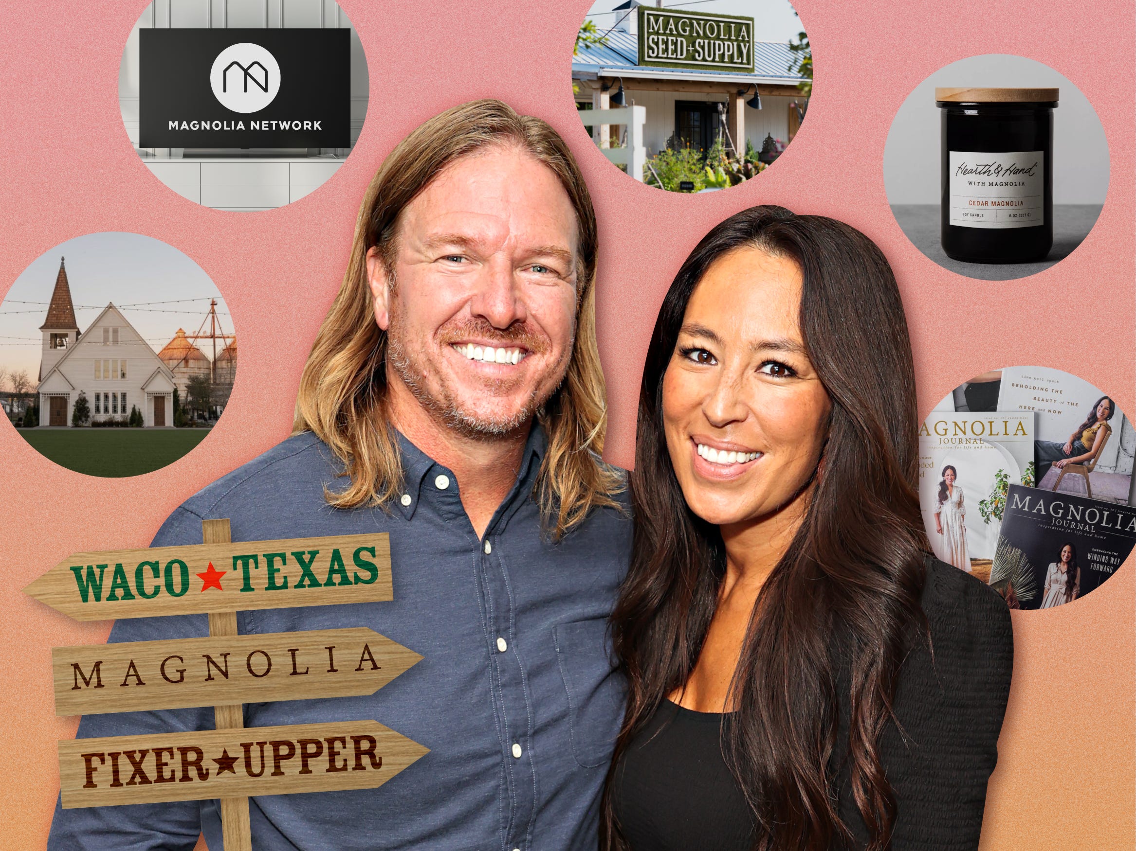Photo of Chip and Joanna Gaines surrounded by images of how they made their net worth 4x3
