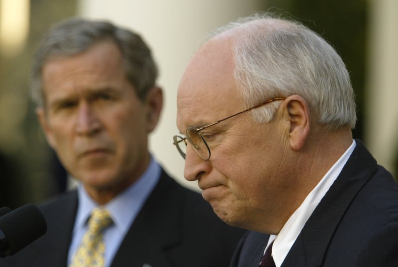 President Bush holds a news conference in the Rose Garden with Vice President Dick Cheney in March 2002.