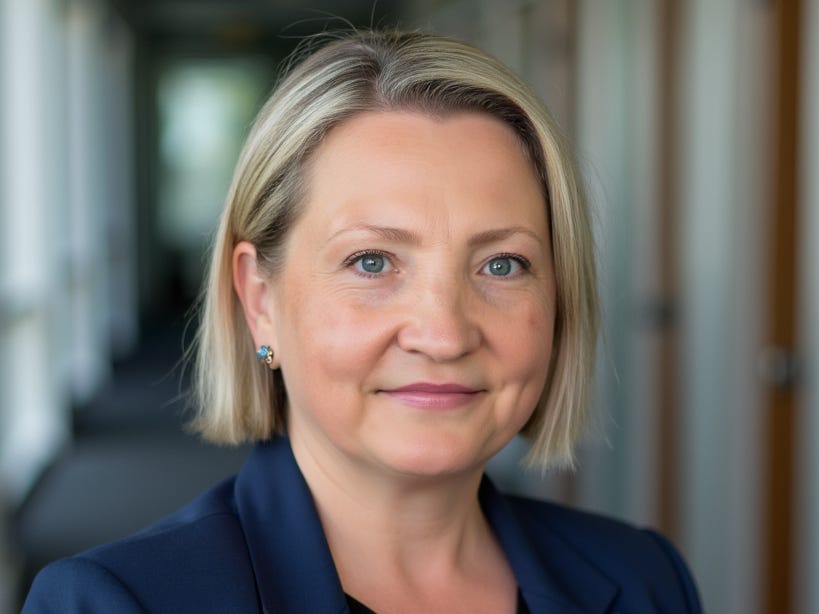 headshot of a woman in a black shirt and blue blazer