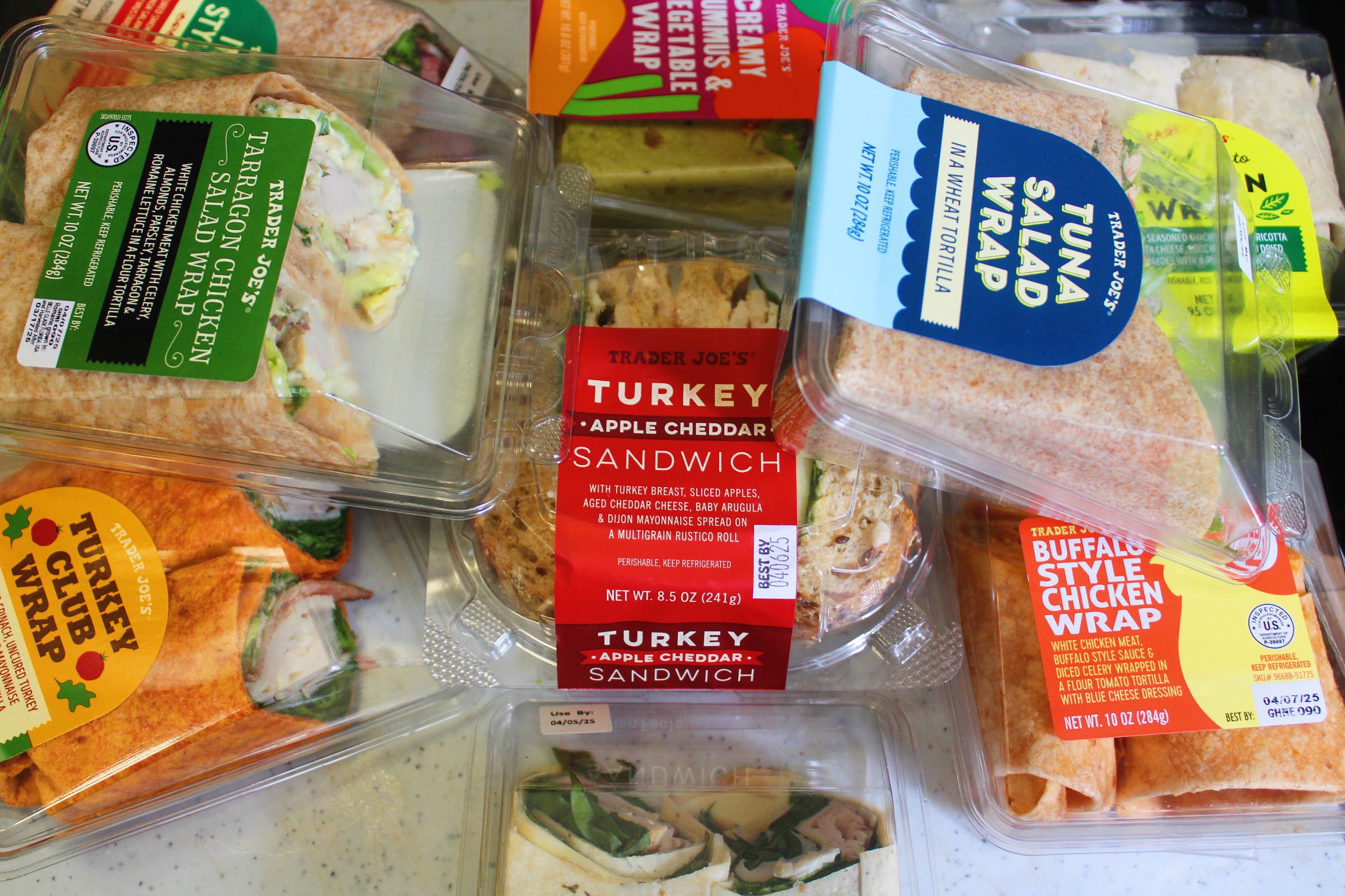 trader joes wraps and sandwiches on a counter top