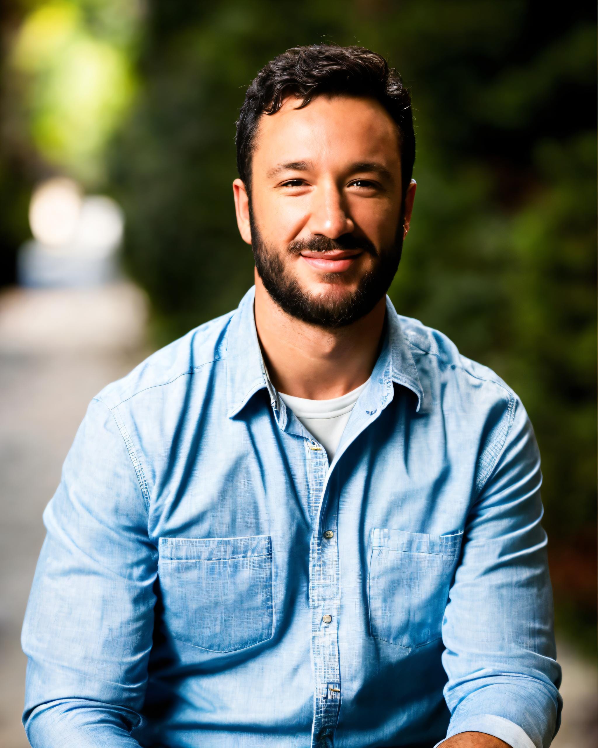 A man wearing a button-down long-sleeve shirt smiles.