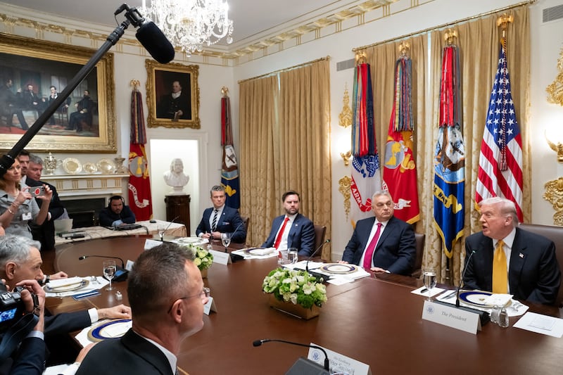 President Donald Trump called on White House Press Secretary Karoline Leavitt to help him out while answering questions from the press during his meeting at the White House with Hungarian Prime Minister Viktor Orban on November 7, 2025.