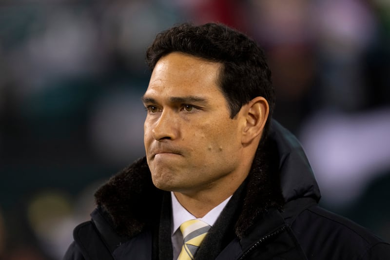 PHILADELPHIA, PA - DECEMBER 21: Fox TV analyst Mark Sanchez looks on prior to the game between the Washington Football Team and Philadelphia Eagles at Lincoln Financial Field on December 21, 2021 in Philadelphia, Pennsylvania. (Photo by Mitchell Leff/Getty Images)