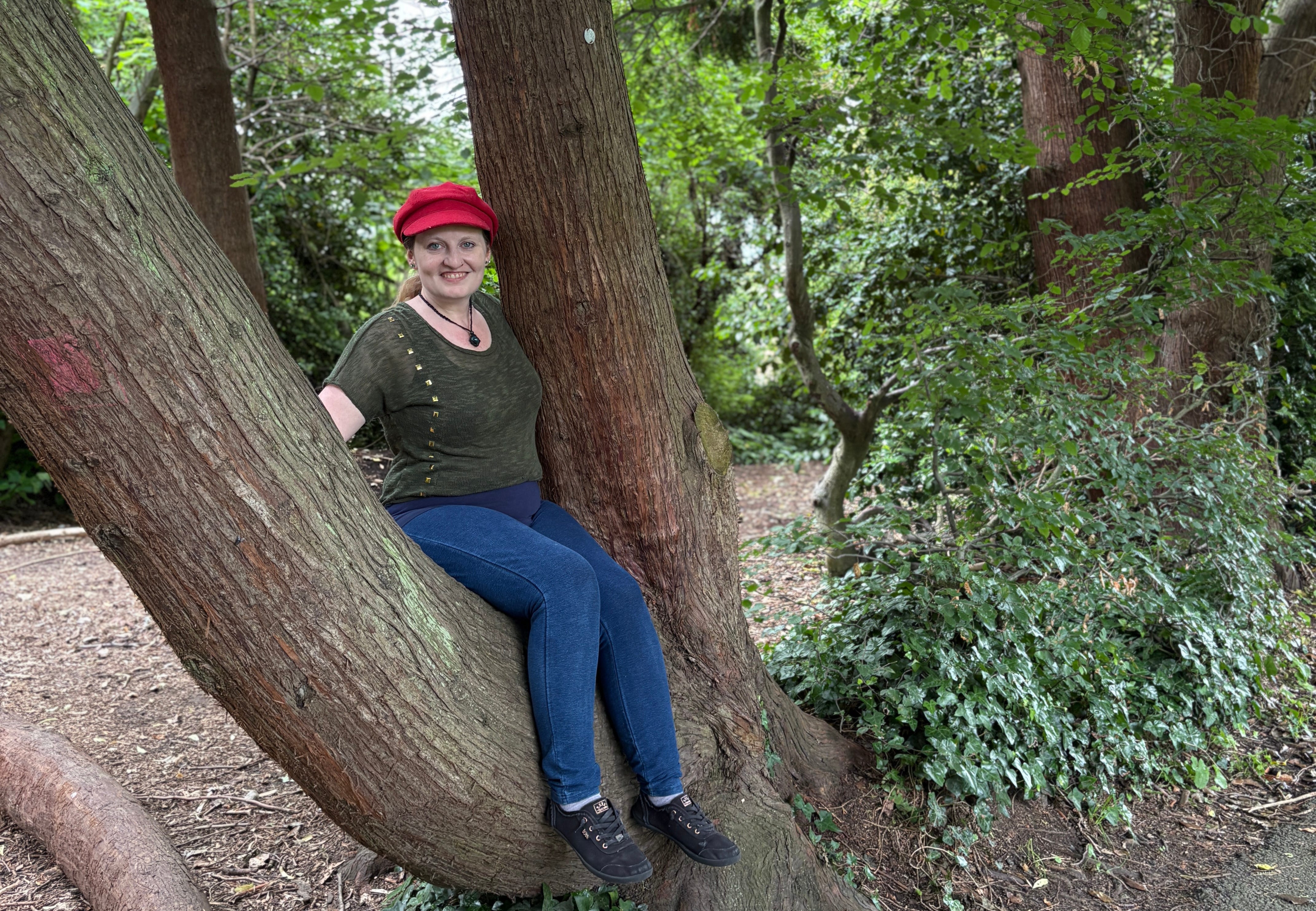 The author poses while sitting in a large tree.
