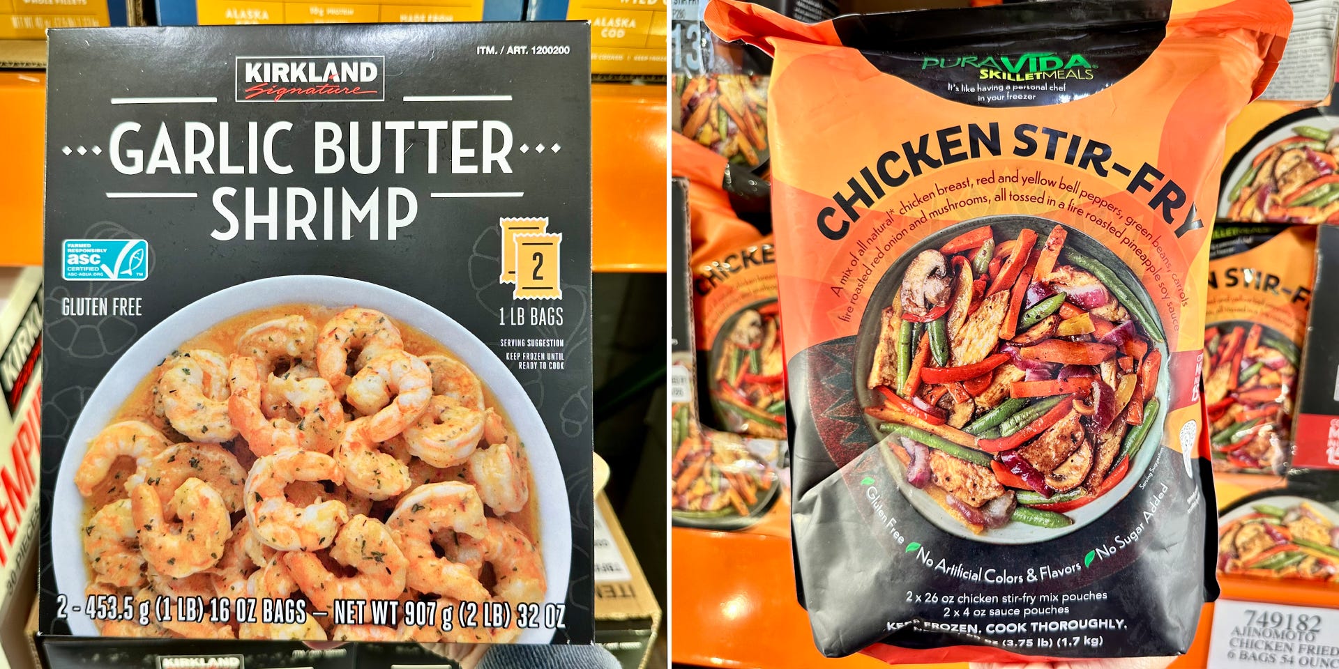Composite of photo of Kirkland Signature garlic butter shrimp next to photo of Pura Vida skillet meals chicken stir-fry at Costco