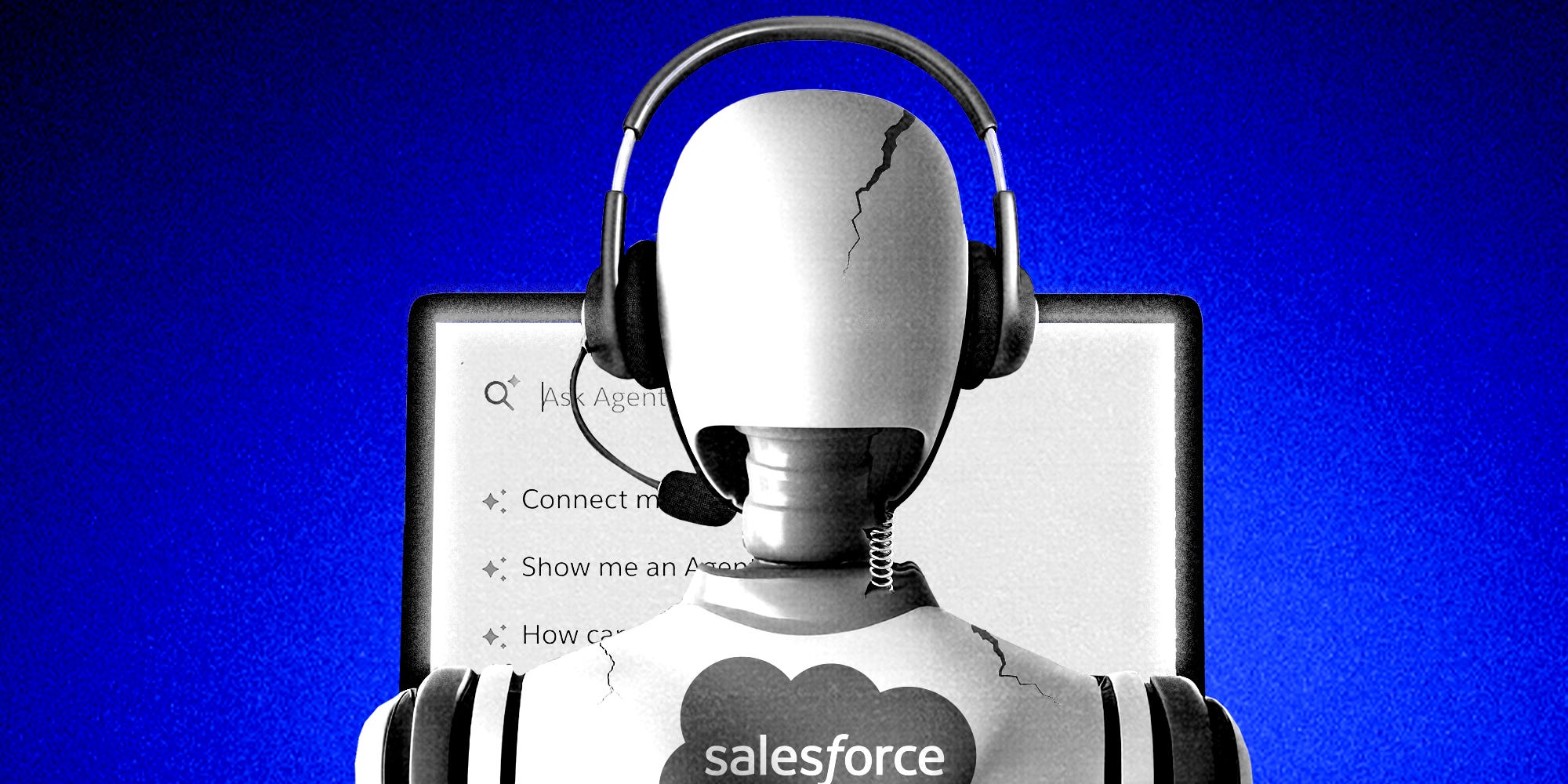 A cracked Salesforce AI robot wearing a customer service headset, facing a computer screen displaying help prompts.