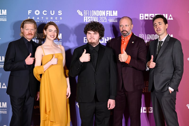 Jesse Plemons, Emma Stone, Aidan Delbis, Yorgos Lanthimos and Will Tracy attend the "Bugonia" Headline Gala at the 69th BFI London Film Festival at The Royal Festival Hall on October 10, 2025 in London, England. (Photo by Gareth Cattermole/Getty Images for BFI)