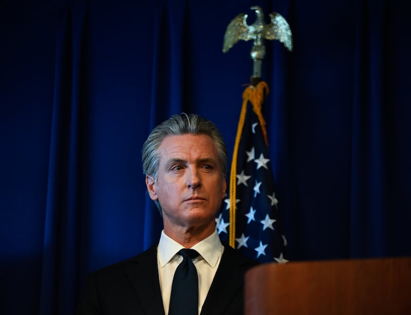 SACRAMENTO, CALIFORNIA - OCTOBER 28: Governor Gavin Newsom is seen during a press conference about 'legal action against Trump administration' at the Office of the Attorney General in Sacramento, California, United States on October 28, 2025. (Photo by Tayfun Cokun/Anadolu via Getty Images)
