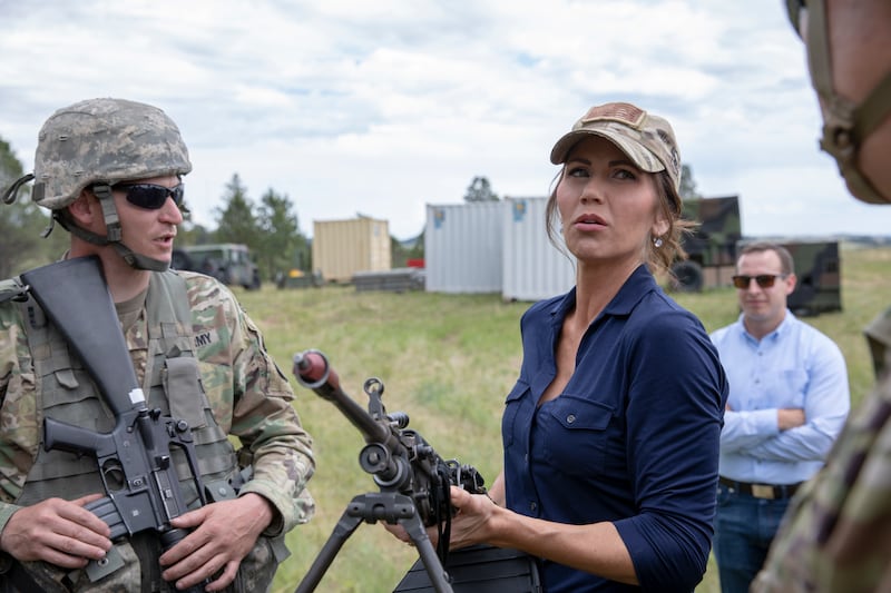 South Dakota Governor Kristi Noem visits the troops during the 2019 Golden Coyote Exercise at Rapid City, S.D., June 14, 2019. The Golden Coyote Training Exercise is a three-phase, scenario-driven exercise conducted in South Dakota and Wyoming, which enables commanders to focus on mission essential task requirements, warrior tasks and battle drills.