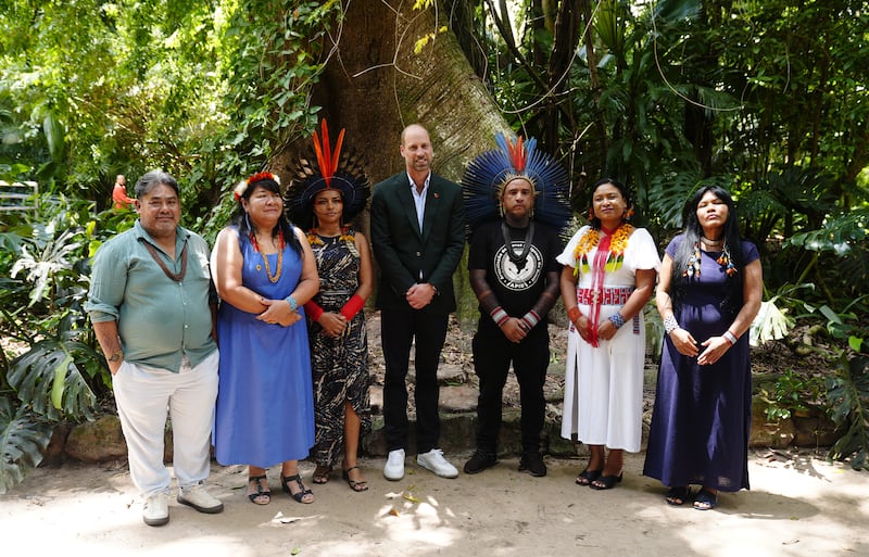 The Prince of Wales poses for a photo alongside representatives and leaders of Indigenous Peoples, who come from many different parts of Brazil and represent the different cultures and biomes of Brazil, during a visit to Museu Emilio Goeldi, Belem, which is the oldest museum in the Amazon, on the final day of his visit to Brazil. Since its founding in 1866, its activities have focused on the scientific study of the natural and sociocultural systems of the Amazon, as well as the dissemination of knowledge and collections related to the region. Situated in the centre of Belem, the museum is based in a botanical park with more than 3000 species, creating a green oasis within the city. Picture date: Friday November 7, 2025. (Photo by Aaron Chown/PA Images via Getty Images)
