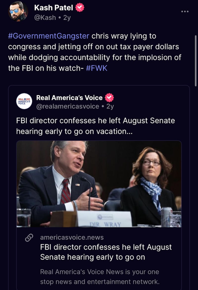 Kash Patel posts criticism of Chris Wray