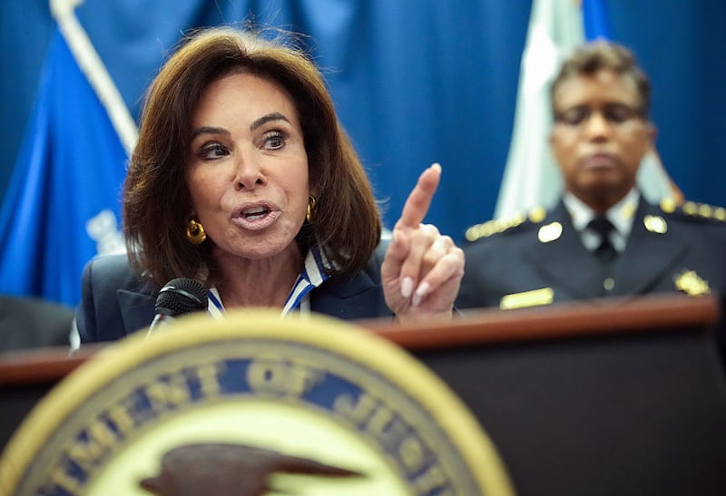U.S. Attorney Jeanine Pirro speaks at a press conference announcing arrests in the murder of Congressional intern Eric Tarpinian-Jachym, at the U. S. Attorney's Office on September 05, 2025 in Washington, DC.