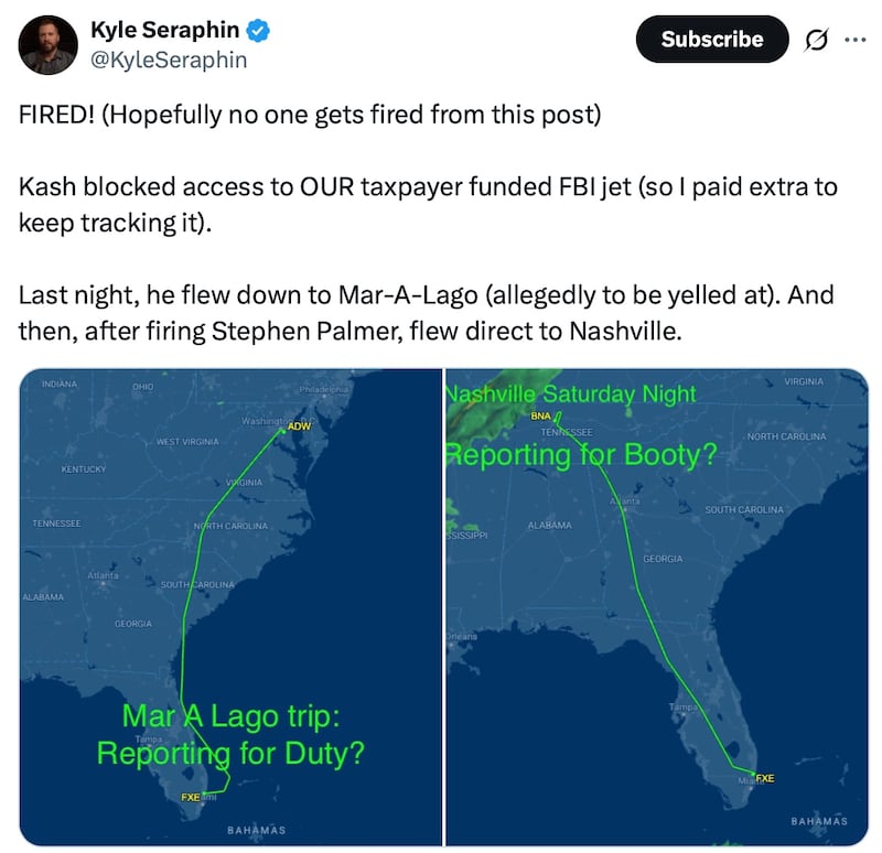 Kyle Seraphin posts Kash Patel's flight path.