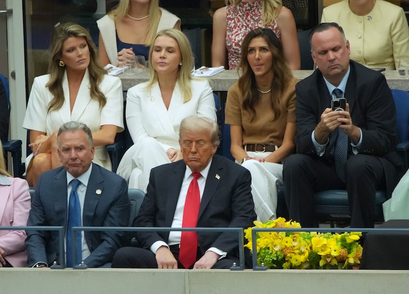 Special Envoy Steve Witkoff, White House press secretary Karoline Leavitt, U.S. President Donald Trump, Erin Elmore and White House deputy Chief of Staff Dan Scavino watch the U.S. Open men's singles final