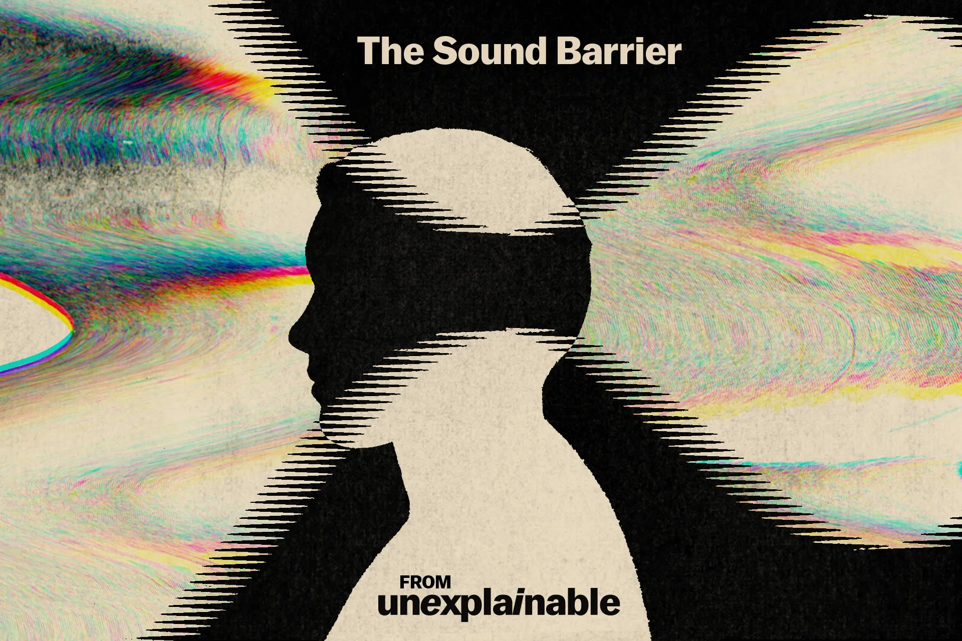 A man’s silhouette in black and white with a colorful cross-fade shape overlapping right at his ear level.