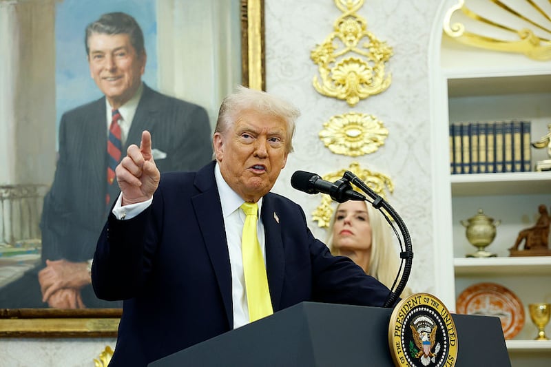 President Donald Trump speaks during a press conference in the Oval Office of the White House on October 15, 2025 in Washington, DC.