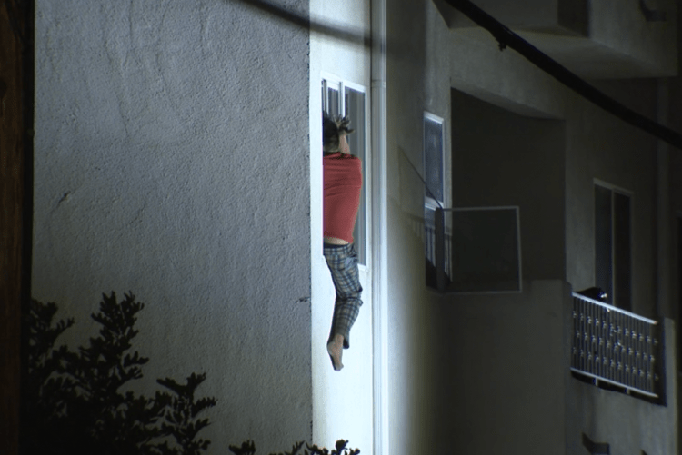 Man throwing items in L.A. apartment building hangs out of window 