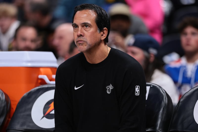 DENVER, COLORADO - NOVEMBER 05: Head coach Erik Spoelstra of the Miami Heat looks on before the game against the Denver Nuggets at Ball Arena on November 5, 2025 in Denver, Colorado. NOTE TO USER: User expressly acknowledges and agrees that, by downloading and or using this photograph, User is consenting to the terms and conditions of the Getty Images License Agreement. (Photo by C. Morgan Engel/Getty Images)