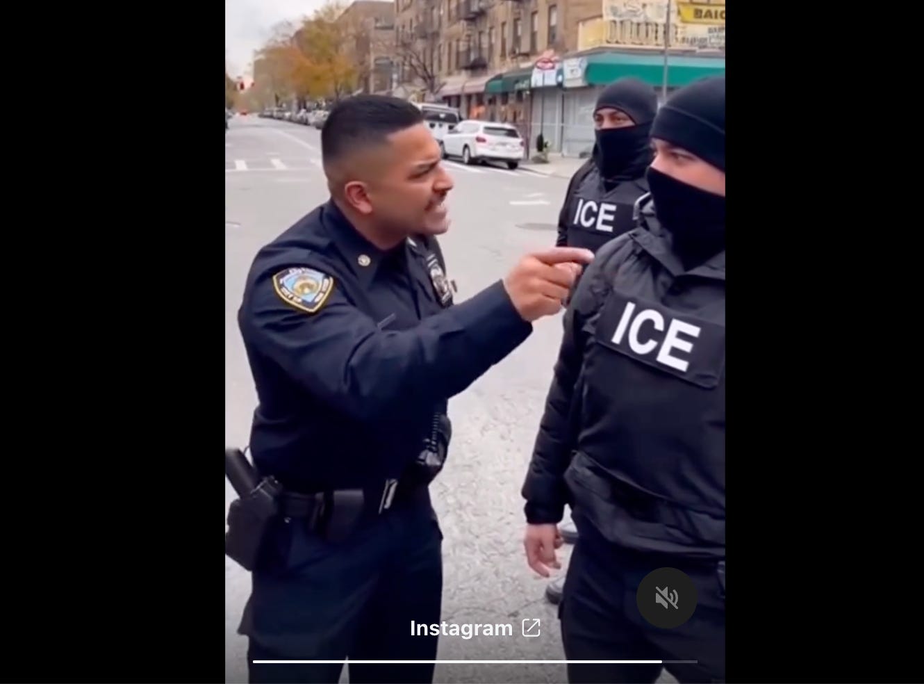 An apparently AI-generated video of an AI NYPD person talking to AI ICE agents.
