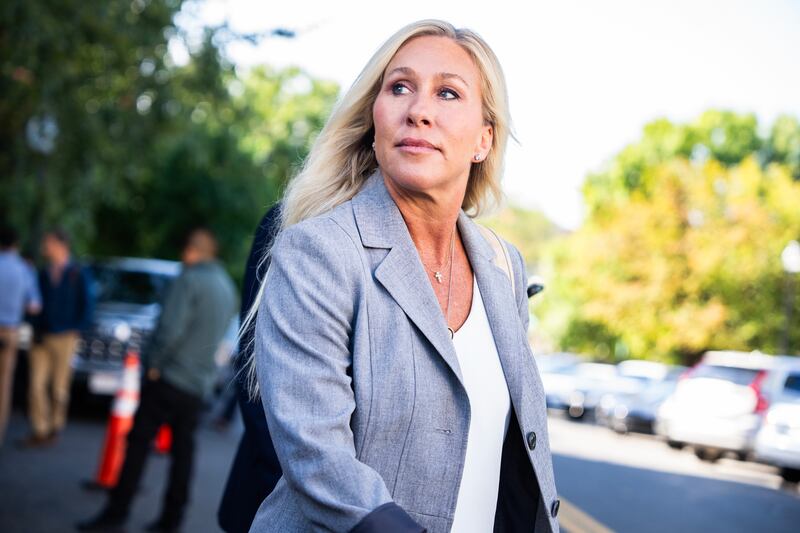 UNITED STATES - SEPTEMBER 9: Rep. Marjorie Taylor Greene, R-Ga., talks with reporters after a meeting of the House Republican Conference at the Capitol Hill Club on Tuesday, September 9, 2025. (Tom Williams/CQ-Roll Call, Inc via Getty Images)