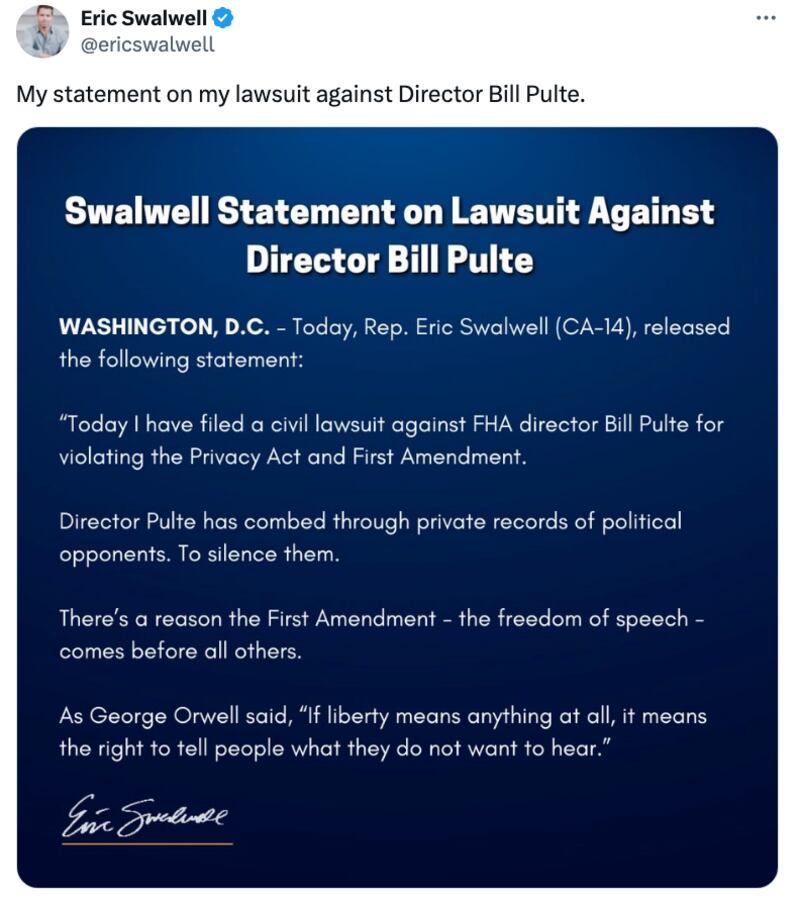 Eric Swalwell statement on Bill Pulte lawsuit