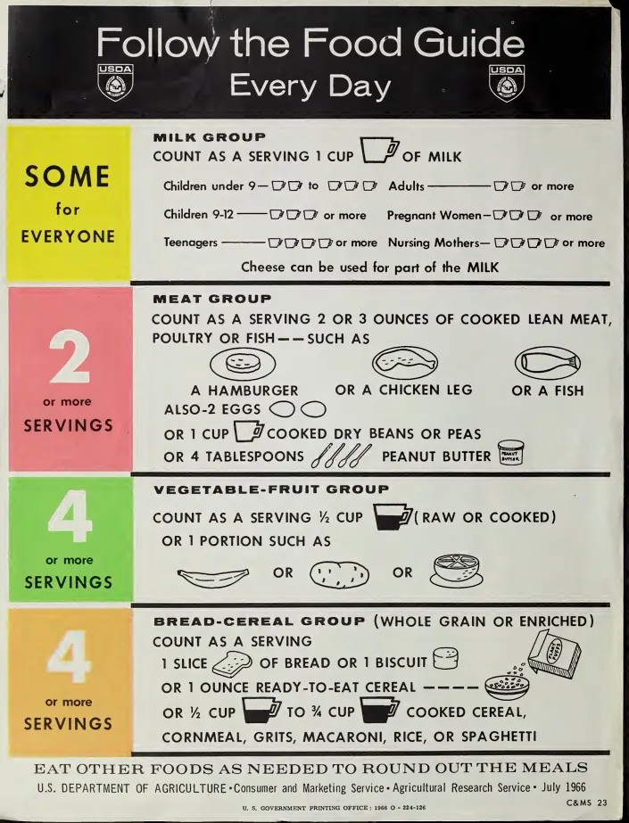 A daily food guide providing choices for thrifty families in 1966.