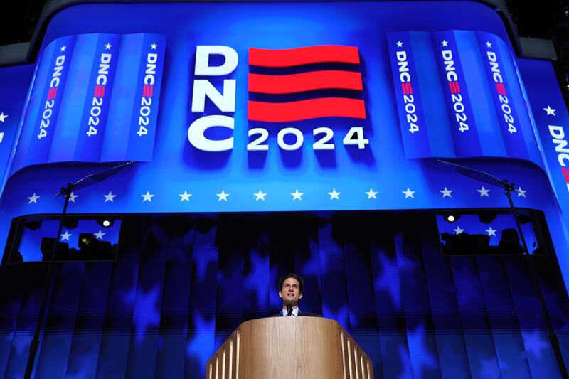 Jack Schlossberg, grandson of former U.S. President John F. Kennedy, speaks on stage during the second day of the Democratic National Convention at the United Center on August 20, 2024