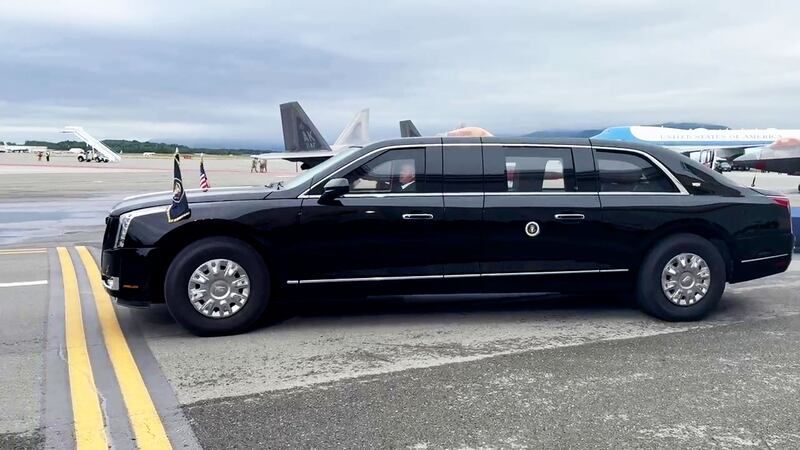 A motorcade of U.S. President Donald Trump is seen on the tarmac of Joint Base Elmendorf-Richardson ahead of his meeting with Russian President Vladimir Putin in Anchorage, Alaska, the United States.