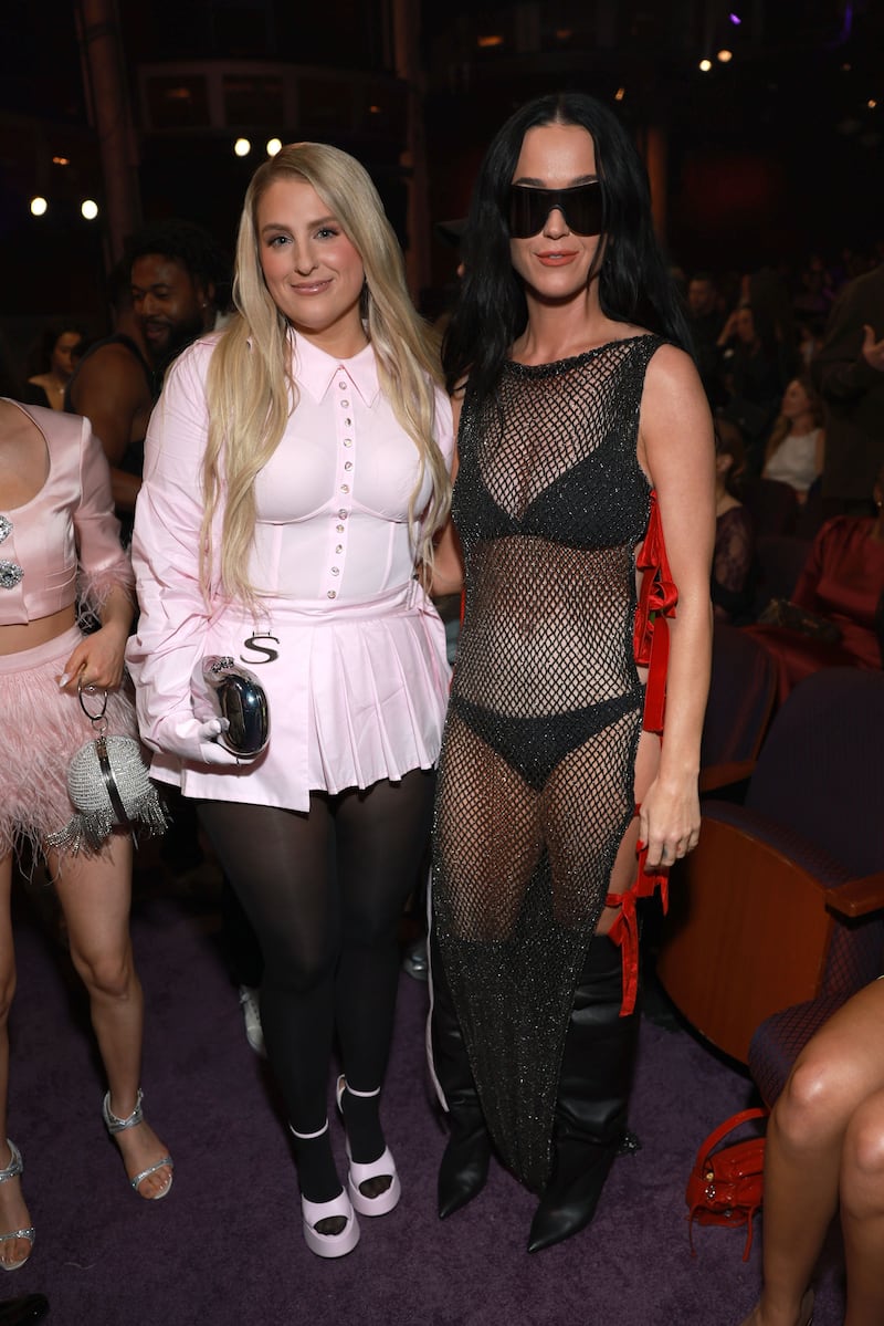 Meghan Trainor with Katy Perry at the 2024 iHeartRadio Music Awards in Los Angeles on April 1, 2024.