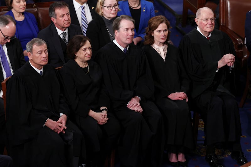 John Roberts, Elena Kagan, Brett Kavanaugh, Amy Coney Barrett, and retired Justice Anthony Kennedy at Trump's speech to a joint session of Congress