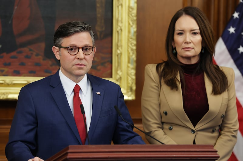 WASHINGTON, DC - OCTOBER 31: U.S. Speaker of the House Mike Johnson (R-LA) speaks alongside U.S. Agriculture Secretary Brooke Rollins during a news conference on Capitol Hill on October 31, 2025 in Washington, DC. The House Speaker's office held the news conference on the 31st day of the government shutdown to discuss food stamp programs running out of funding. (Photo by Anna Moneymaker/Getty Images)