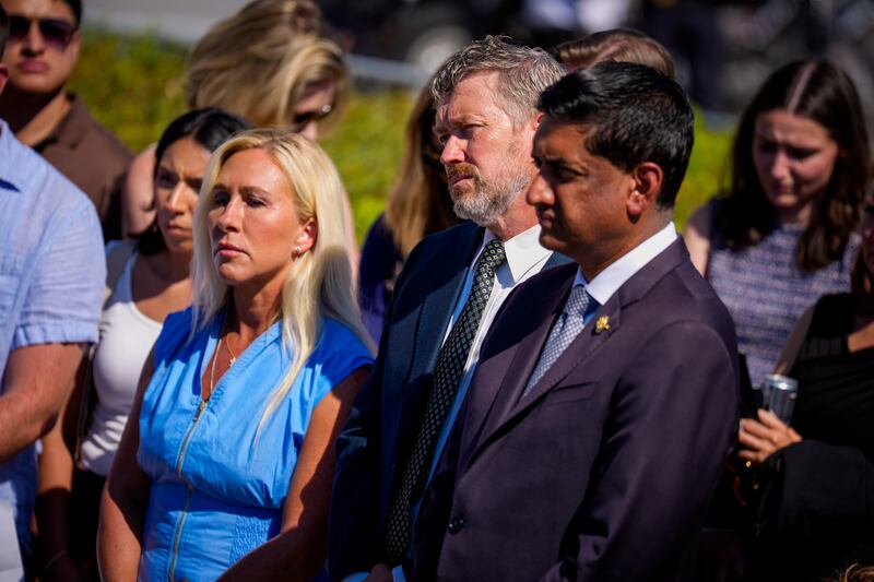 Rep. Marjorie Taylor Greene (left), Rep. Thomas Massie (center), and Rep. Ro Khanna (right) attend a news conference with alleged victims of disgraced financier and sex trafficker Jeffrey Epstein outside the U.S. Capitol on September 03, 2025 after Massie and Khanna introduced the Epstein List Transparency Act to force the federal government to release all unclassified records from the cases of Epstein and his associate, Ghislaine Maxwell.