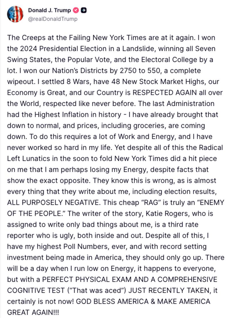 Trump Truth Social post about the New York Times