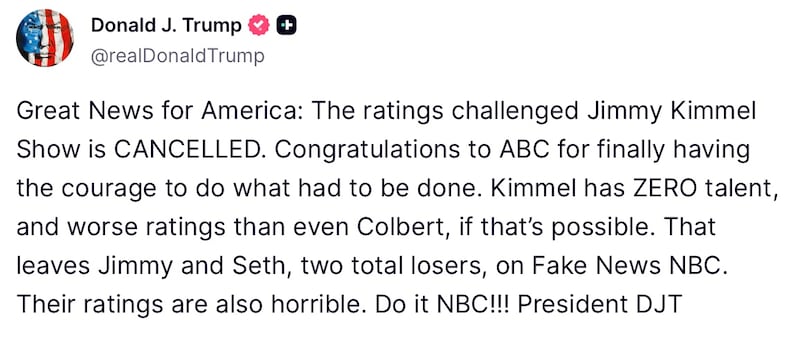 Donald Trump is happy about Kimmel's show being taken off air.