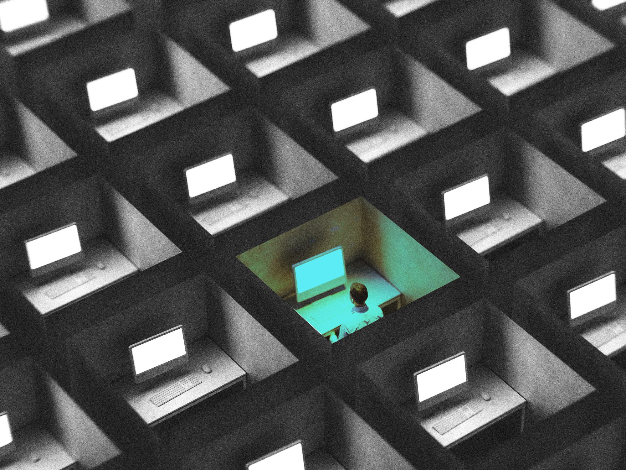 An isolated man in a sea of cubicles