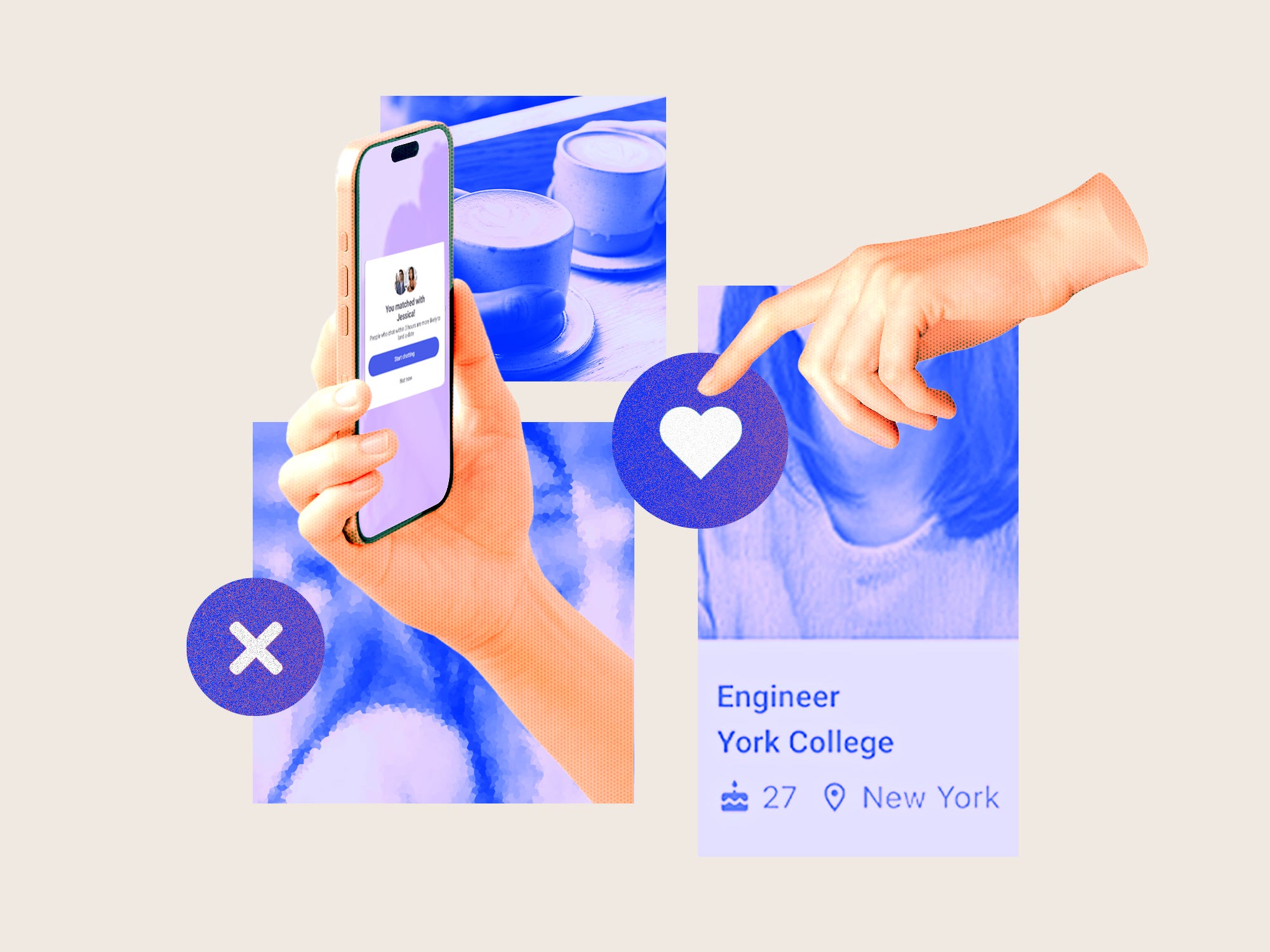 Photo collage featuring Coffee Meets Bagel dating profile, blurry profile photo, and a photo of a coffee date.