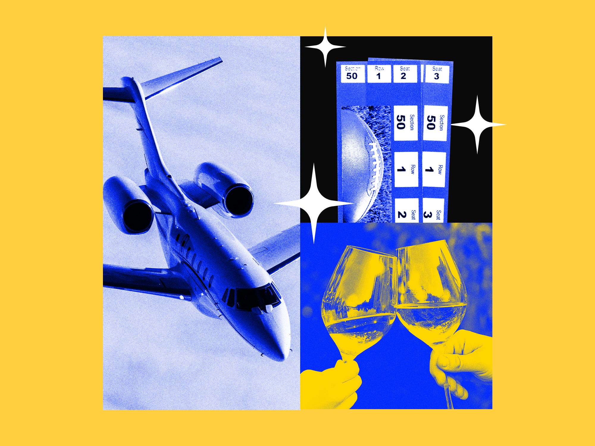 Photo collage of a private jet, sports game tickets, and wine glasses