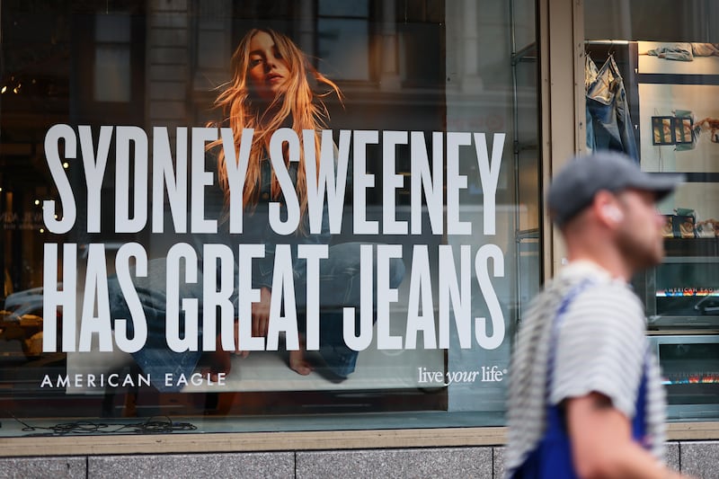 A window display of Sydney Sweeney's American Eagle jeans 
