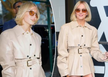 Sydney Sweeney styles belted jacket sans pants in New York City