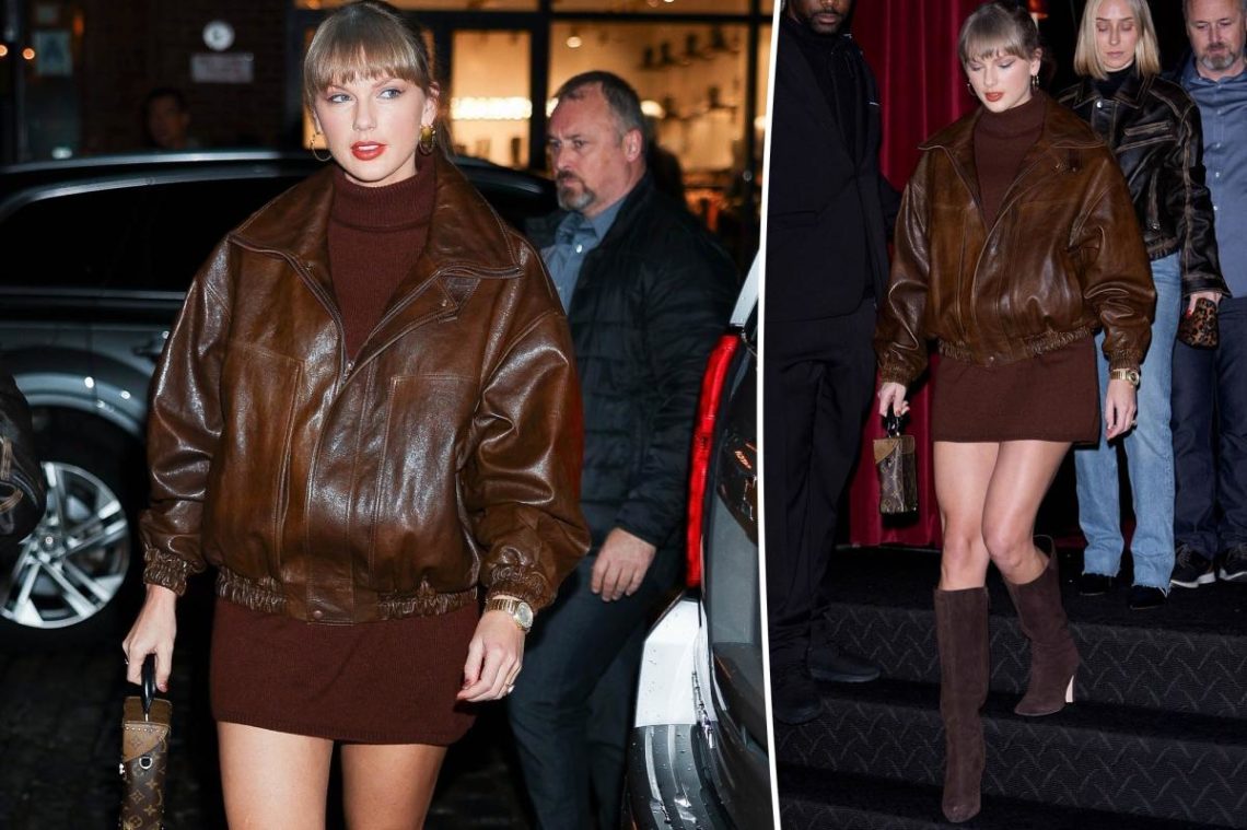 Taylor Swift makes a monochromatic style statement in brown leather jacket, cashmere dress and suede boots