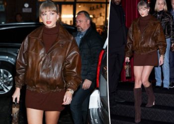 Taylor Swift makes a monochromatic style statement in brown leather jacket, cashmere dress and suede boots