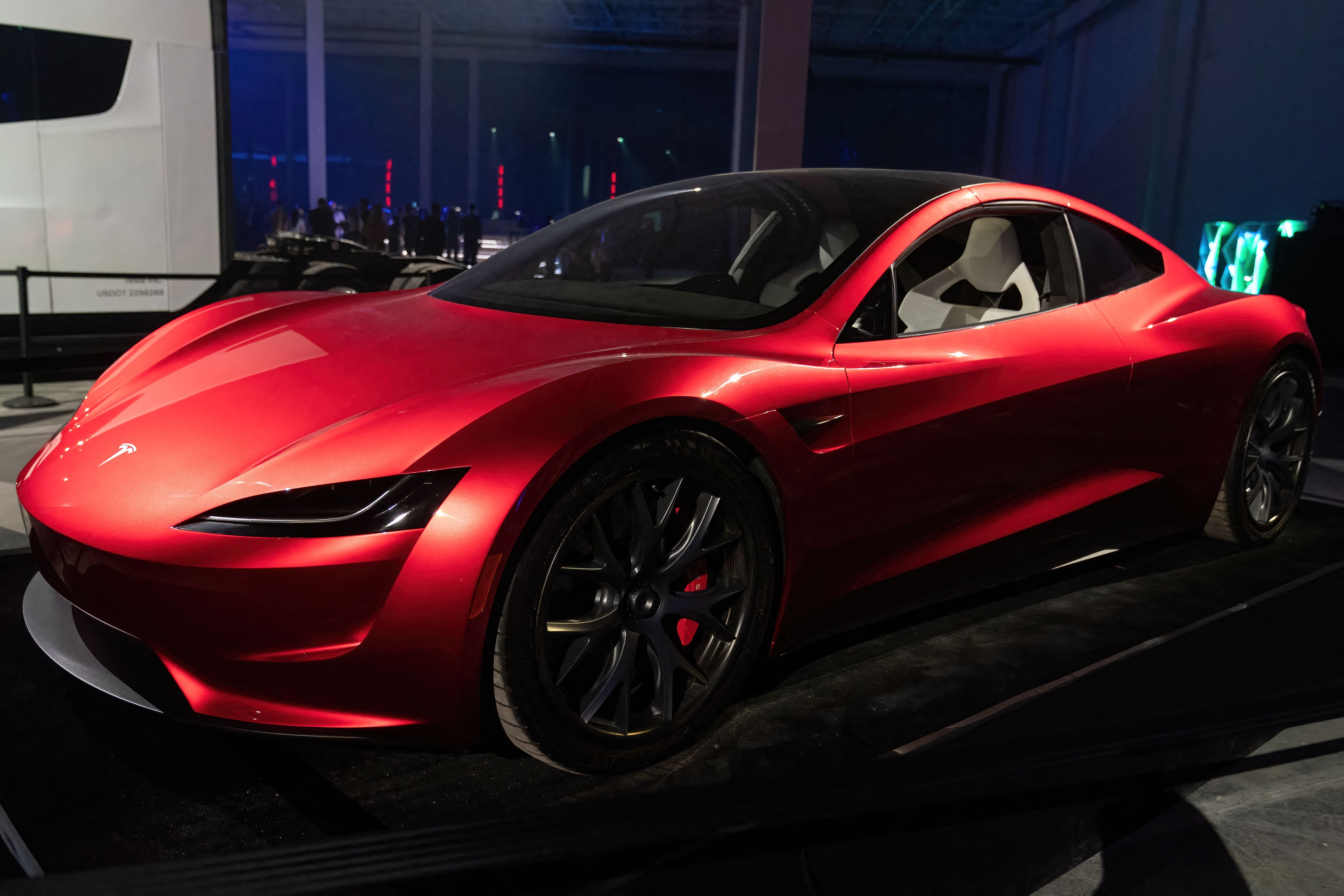 The first model of the Tesla Roadster on display