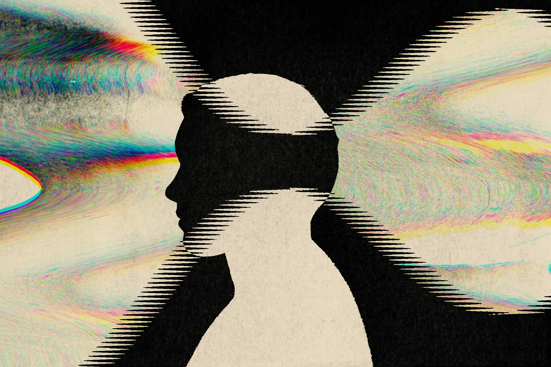 A man’s silhouette in black and white with a colorful cross-fade shape overlapping right at his ear level.