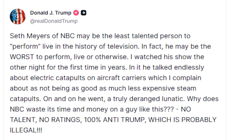 Donald Trump talking about Seth Meyers on Truth Social