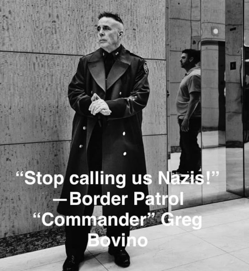 The black and white photo of Border Patrol chief Gregory Bovino in a long SS-style trenchcoat sparked 'Nazi' memes.